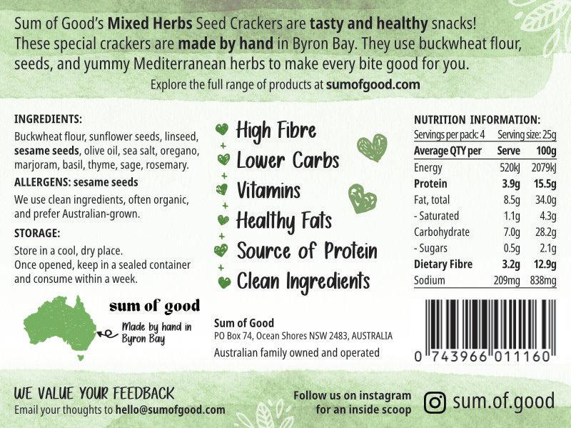 Back of a packaging label for Sum of Good's Mixed Herbs Seed Crackers with nutritional information and product details.