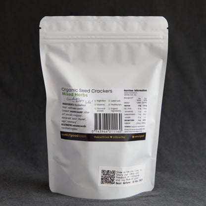 Back view of an organic seed crackers packaging with text and barcode on a dark background
